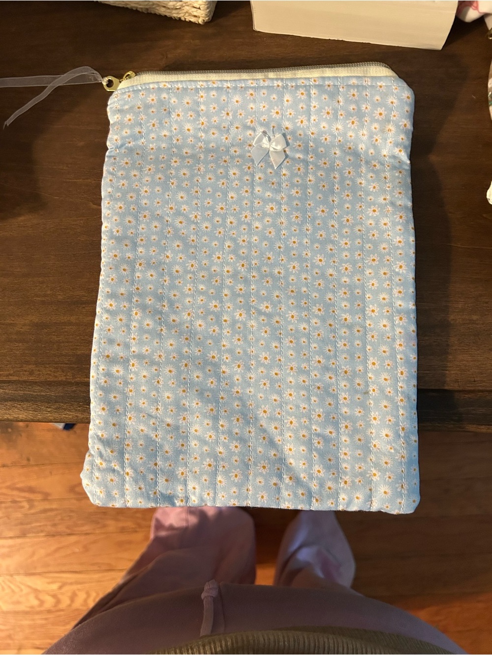 Light Blue Daisy Quilted Zip Pouch